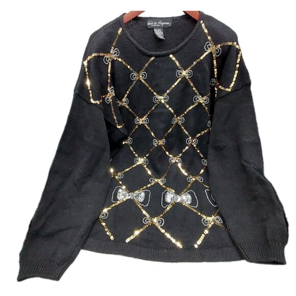 Work In Progress Women’s Black Sweater Size XL 18 / 20 Sequins Bow - Picture 1 of 8